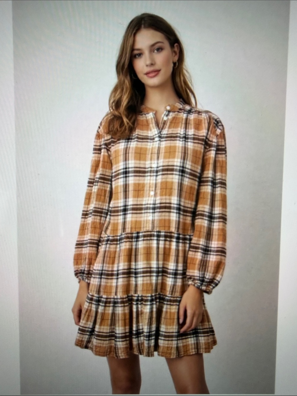 GAP Plaid Tiered Long-Sleeve Mini Dress in Tan and Black